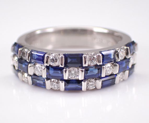 Platinum Sapphire and Diamond Wedding Ring - Baguette and Round Stackable Anniversary Band - GalaxyGems Bridal Fine Jewelry Gift