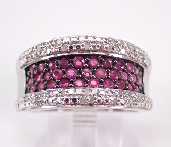 Vintage Sterling Silver Ruby and Diamond Ring - Chunky Wedding Anniversary Band - Gemstone Estate Jewelry Gift