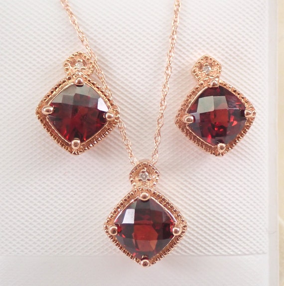 Genuine Garnet Pendant and Earrings Set - Rose Gold 18 inch Pendant Chain - January Birthstone Jewelry Gift