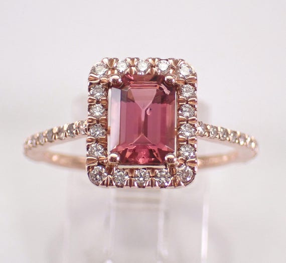 14K Rose Gold Pink Tourmaline and Diamond Engagement Ring: Dainty Bridal Promise Gift