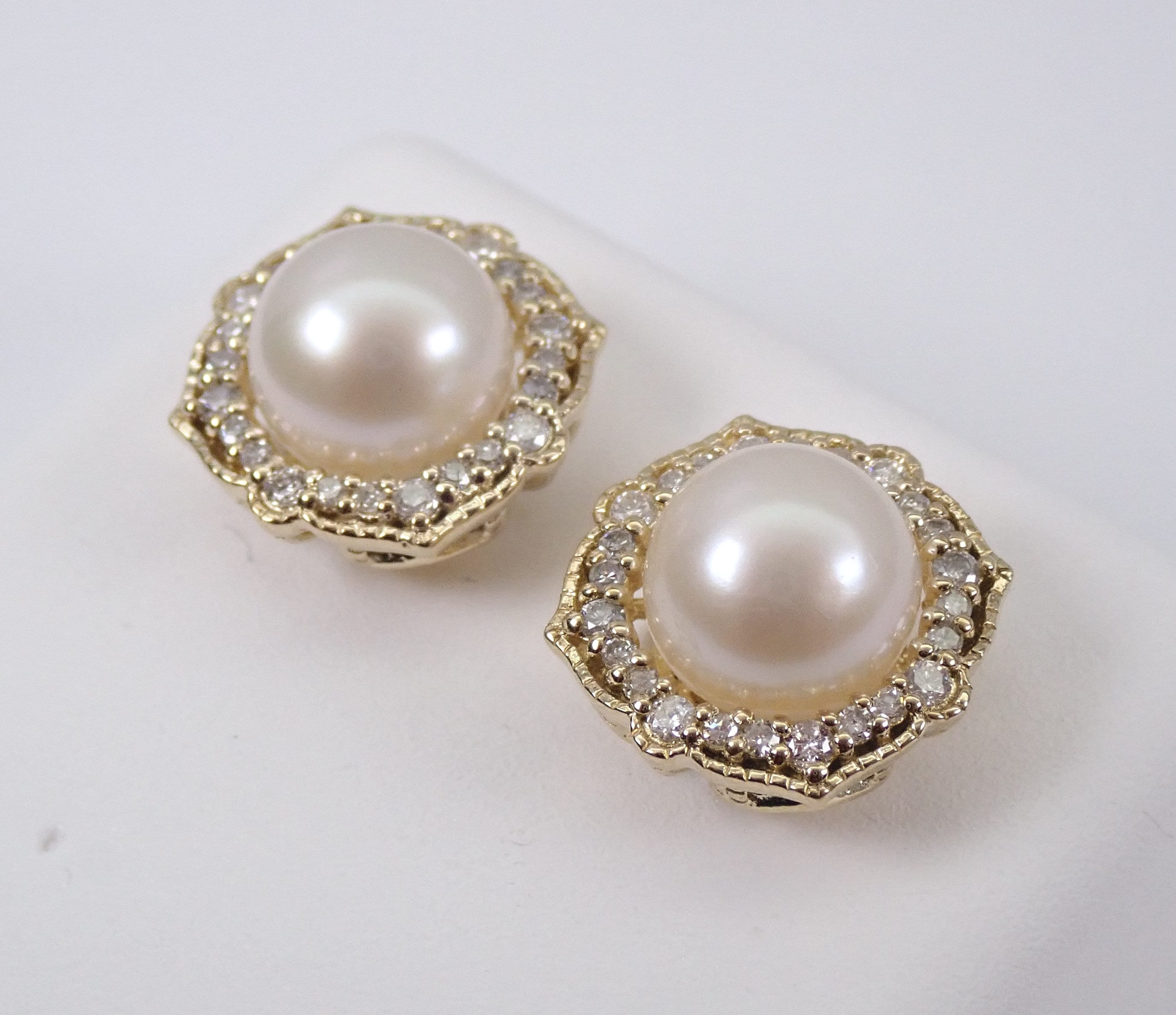 Pearl and Diamond Halo Stud Earrings Yellow Gold June Birthstone ...