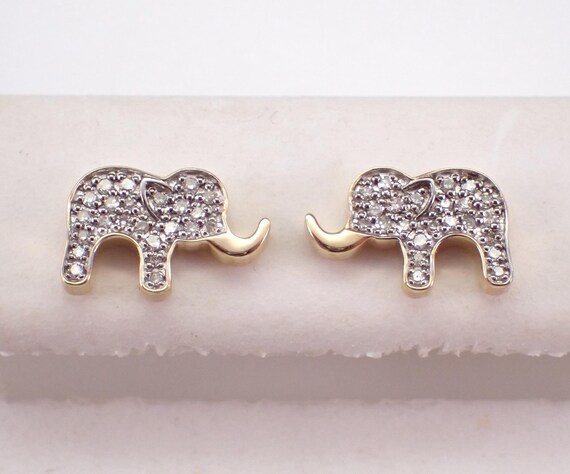 Yellow Gold Diamond Elephant Earrings - Good Luck Modern Studs - Dainty Bridal Fine Jewelry Gift