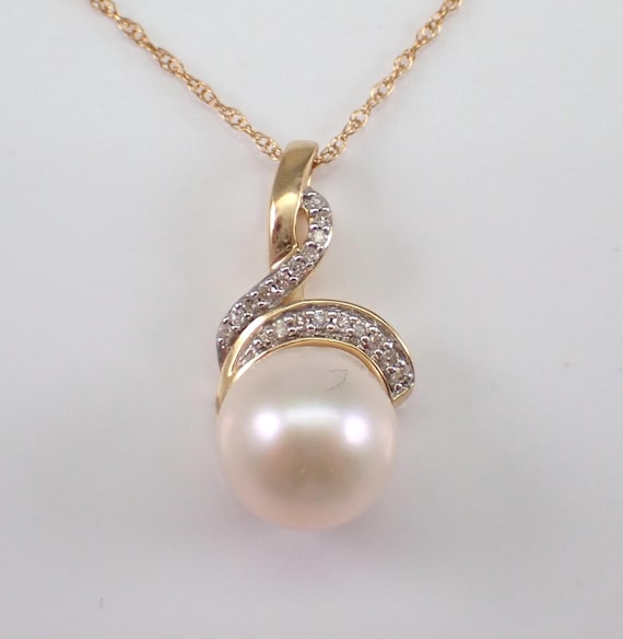 Yellow Gold Diamond and Pearl Pendant, Unique Gemstone Charm Necklace, June Birthstone Fine Jewelry Gift