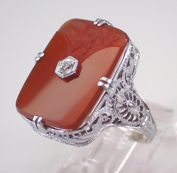 Antique 14K White Gold Carnelian Ring: Vintage Filigree Old Miner Diamond Setting