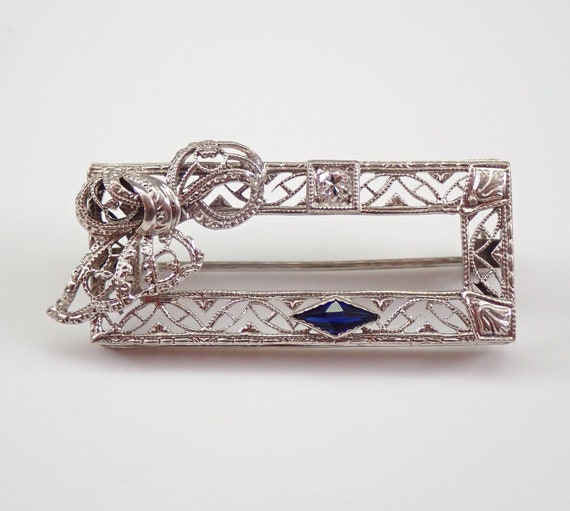 Antique 14K White Gold Brooch, Diamond and Sapphire Rectangular Pin, Unique Art Deco Filigree Jewelry Circa 1920s