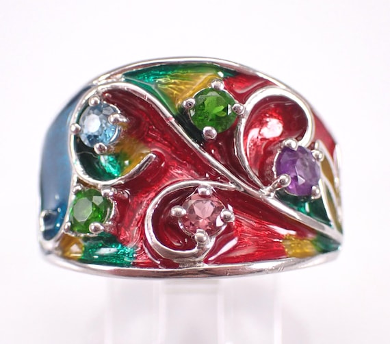 Sterling Silver Multi Color Enamel Ring - Unique Gemstone Domed Band - Amethyst Emerald Topaz Cocktail Jewelry Gift