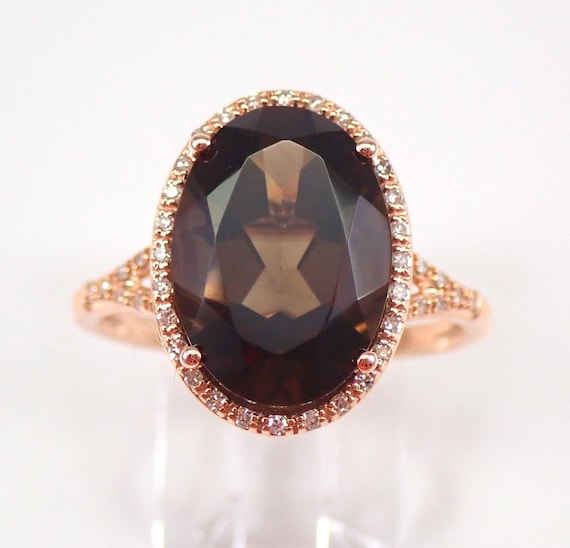 Rose Gold Smokey Topaz Engagement Ring - Unique Diamond Halo Setting - Oval Brown Quartz Bridal Promise Jewelry