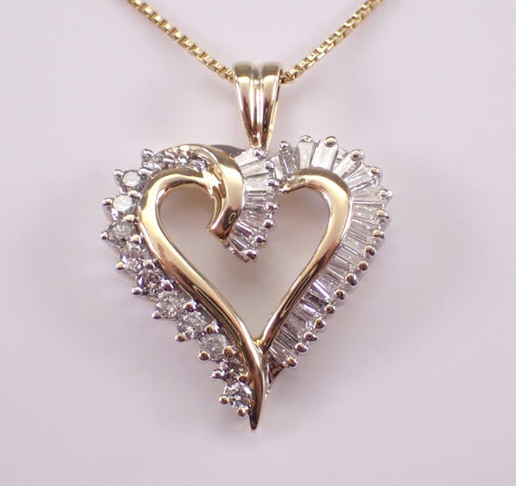 Estate 14k Yellow Gold Diamond Heart Necklace: Baguette Charm Pendant and Chain