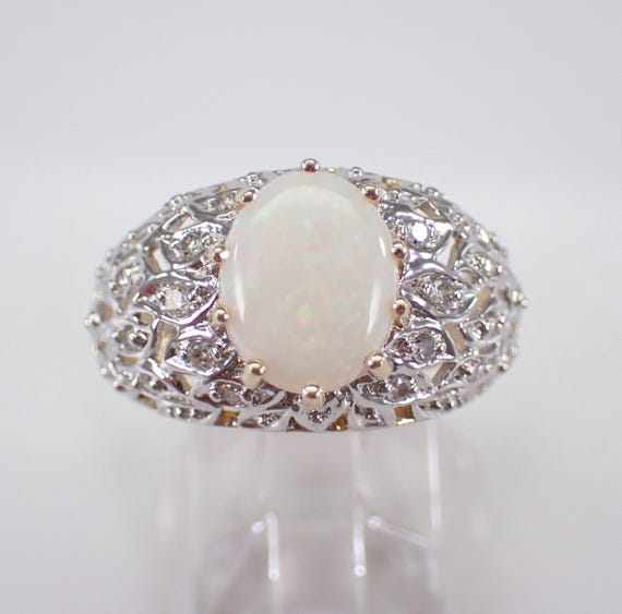 70s Vintage Opal and Diamond Ring - 14K Yellow Gold Gemstone Dome Setting - Unique Estate Fine Jewelry Gift