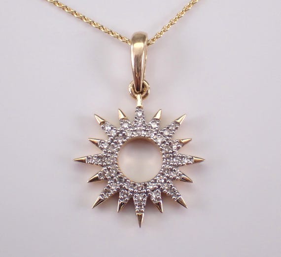 Yellow Gold Diamond Sun Charm Pendant - Dainty Starburst Cluster Necklace - GalaxyGems Thin Choker Chain Jewelry