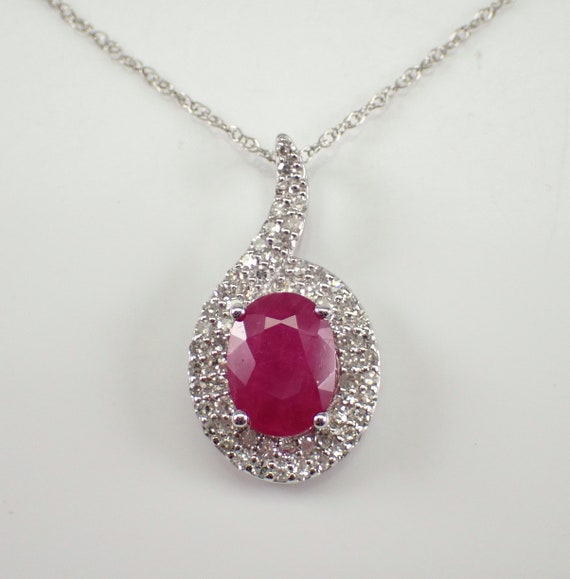 Ruby and Diamond Pendant Necklace - White Gold Gemstone Jewelry - July Birthstone Gift