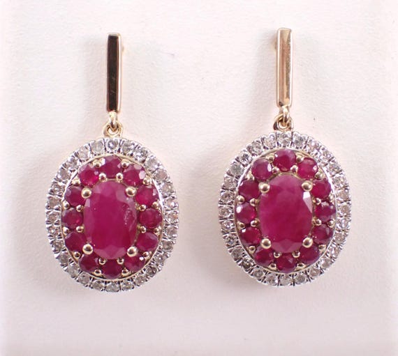 Ruby and Diamond Dangle Earrings, Yellow Gold Cluster Drop Earrings, July Birthstone Fine Jewelry Gift