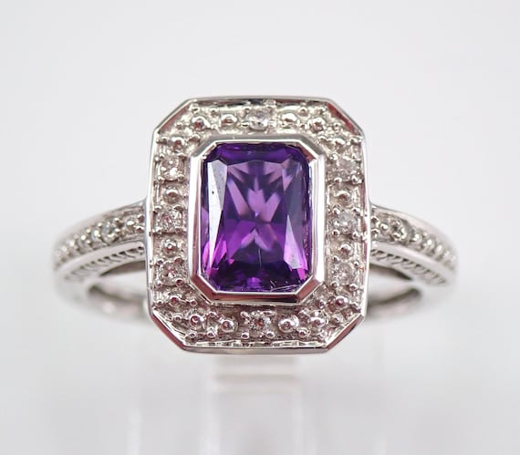 White Gold Amethyst Promise Ring - Vintage Style Diamond Halo Engagement Ring - February Gemstone Jewelry Gift
