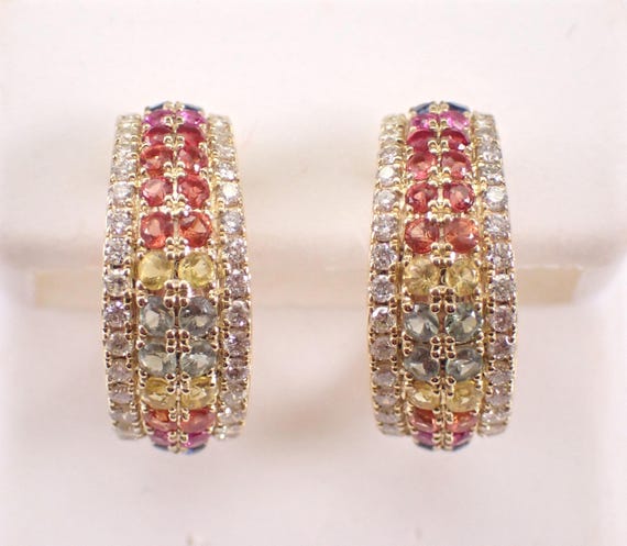 14K Yellow Gold Multi Color Sapphire J Hoop Earrings: Diamond and Gemstone Screwback Huggies