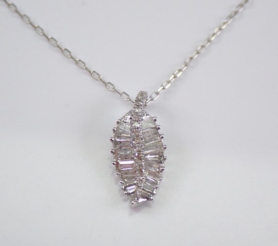 White Gold Baguette Diamond Feather Necklace, Diamond Cluster Pendant with 18" Chain, Autumn Leaves Fine Jewelry