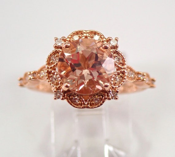 Round Morganite Engagement Ring 14k Rose Gold Diamond Halo Engagement Ring Unique Morganite Jewelry Size 7 FREE Sizing