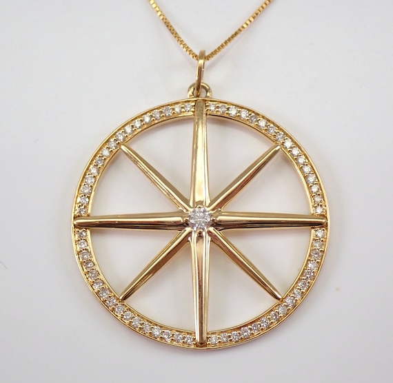 Celestial Diamond Necklace - Yellow Gold North Star Pendant and Chain - Large Compass Rose Atlas Symbol Charm