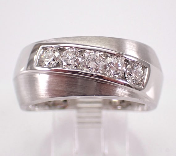 Mens Diamond Wedding Ring - White Gold Anniversary Band - Chunky Bridal Fine Jewelry Gift
