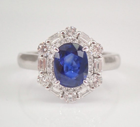 Genuine Sapphire Engagement Ring - 18K White Gold Baguette Diamond Halo - September Gemstone Jewelry