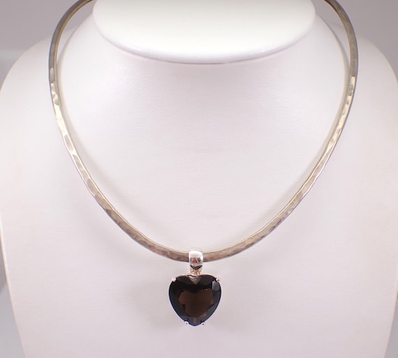 Sterling Silver Heart Necklace and Slide - Vintage Smokey Topaz Enhancer Charm Pendant - Large Unique Estate Choker