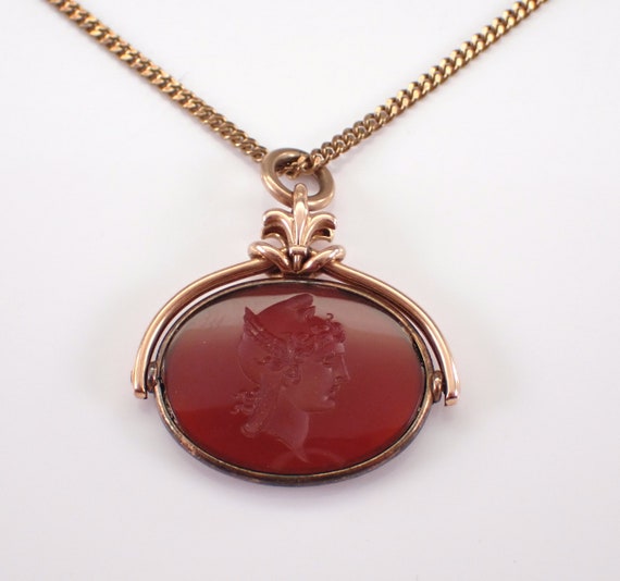 Antique Yellow Gold Intaglio Necklace, Reversible Victorian Charm Pendant and Chain - Carnelian Gemstone Cameo Jewelry