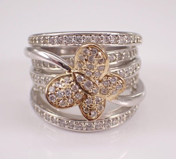 Sterling Silver Butterfly Cubic Zirconia Band - Large Stackable Multi Row CZ Ring - Unique Anniversary Jewelry Gift