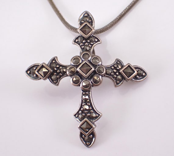 Sterling Silver Marcasite Cross Pendant Enhancer Charm: Antique Religious Necklace Chain