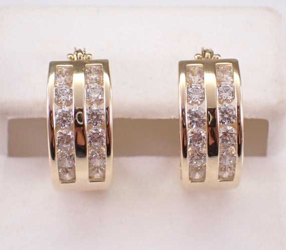 Vintage 14K Yellow Gold Huggies, Cubic Zirconia Hoop Earrings, Unique Birthday Jewelry Gift