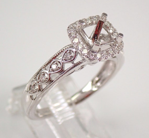 White Gold Diamond Engagement Ring Semi Mount: Cushion Cut Gemstone Halo Setting