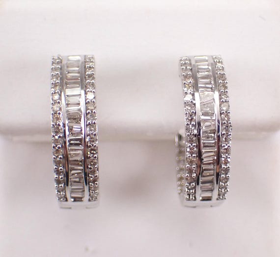 14K White Gold Diamond Hoop Earrings: Multi Row Baguette Huggie Hoops