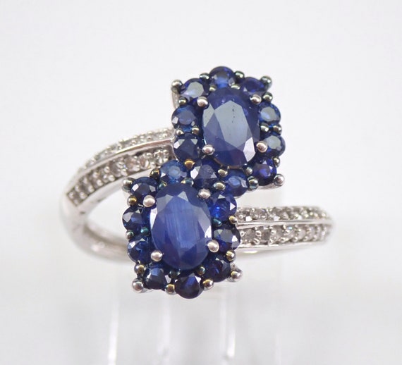 Sapphire Flower Cluster Ring - White Gold Diamond Crossover Band - September Birthstone Jewelry Gift