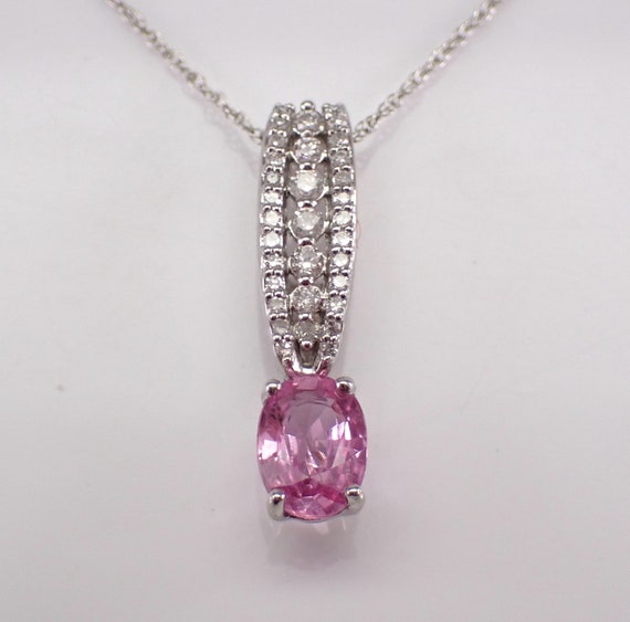 Pink Sapphire and Diamond Pendant and Chain - Dainty White Gold Dangle Necklace - Elegant Gemstone Fine Jewelry Gift
