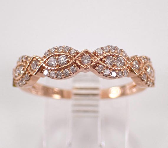 14K Rose Gold Diamond Wedding Ring - Stackable Anniversary Band