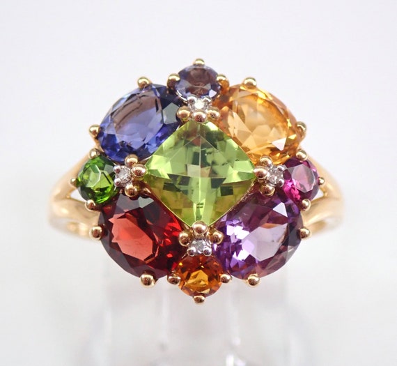 14K Yellow Gold Multi Color Gemstone Ring, Peridot Amethyst Garnet Citrine Tanzanite and Diamond Jewelry