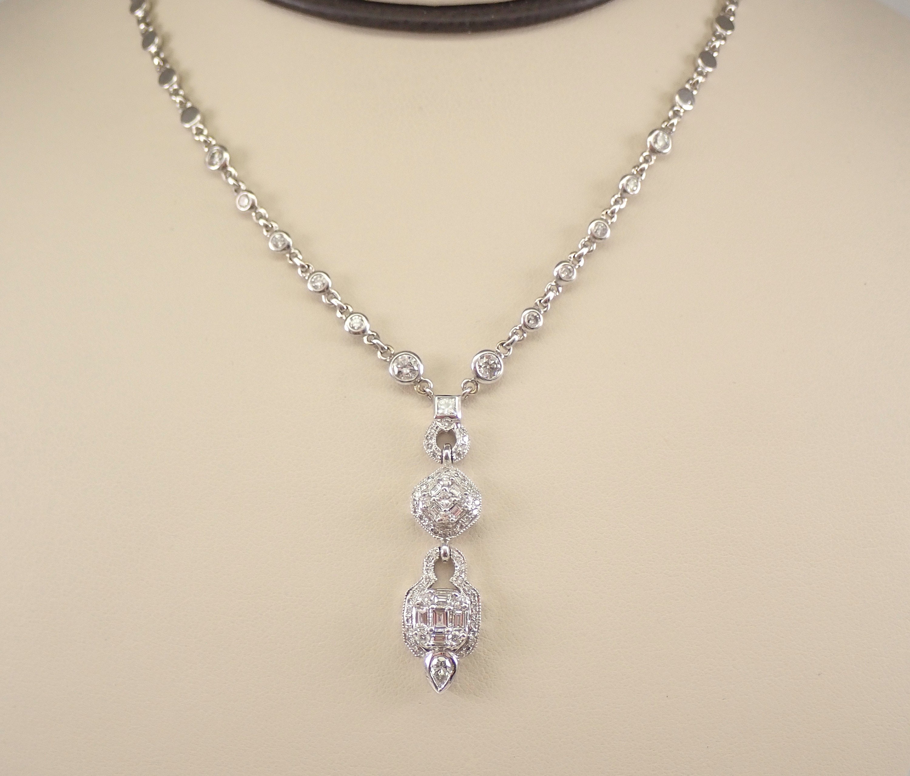 Davis Diamond Tennis Necklace with Removable Pink Sapphire Oval Lariat 4.90 ctw 14K White Gold