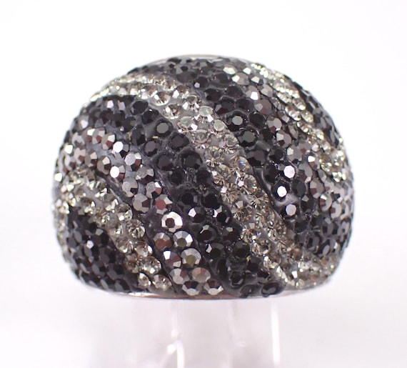 Vintage Sterling Silver Gemstone Dome Ring - Black and White Chunky Cigar Band - Marcasite and Swarovski Crystal