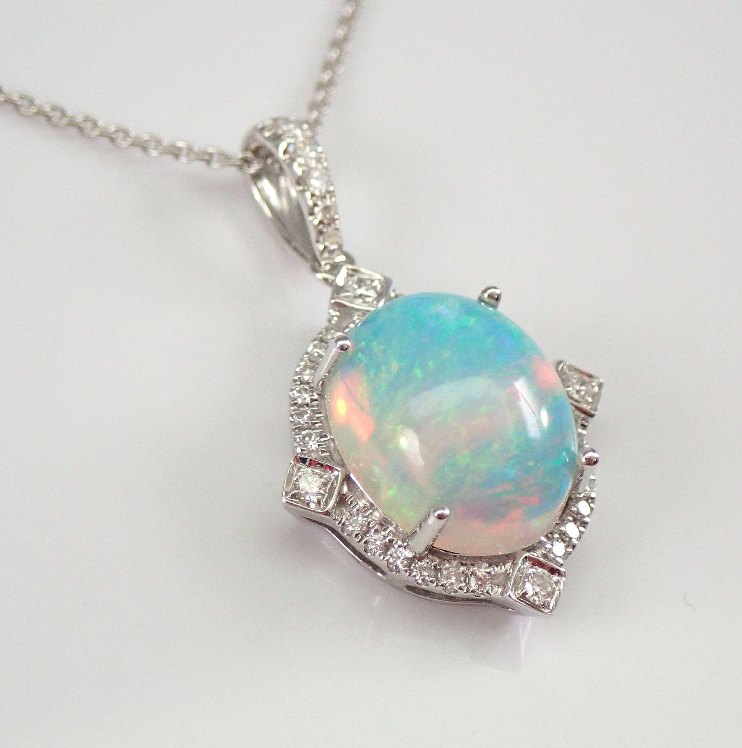 14K White Gold 3.55 ct Diamond and Opal Halo Pendant Necklace 18 Chain