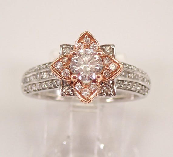 Diamond Flower Engagement Ring - 14K Two Tone Gold Floral Halo Setting - Bridal Promise Fine Jewelry Gift