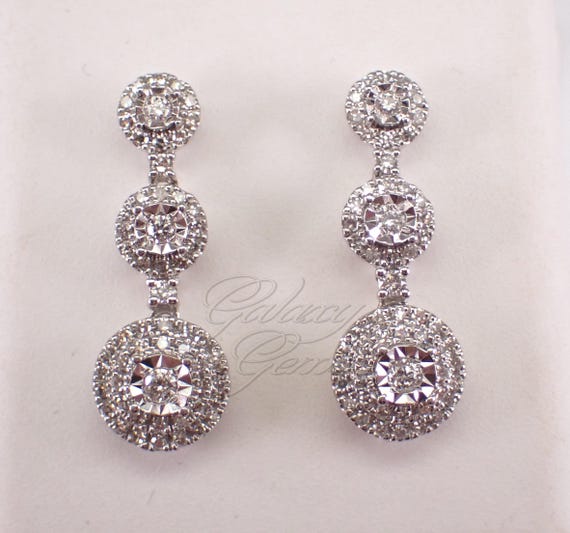 White Gold Diamond Dangle Earrings, Three Stone Halo Chandelier Drop