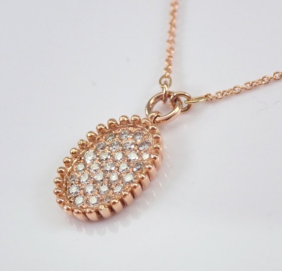 Solid 14K Rose Gold Diamond Necklace, Oval Pave C… - image 3