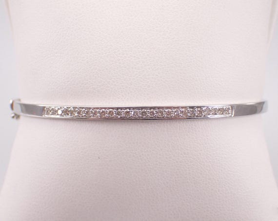White Gold Diamond Bangle Bracelet: Dainty Stackable Cuff