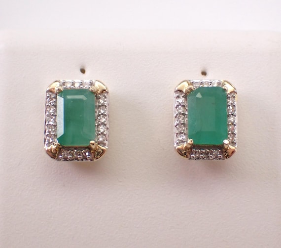 Yellow Gold Emerald Stud Earrings - Diamond Halo Dainty Studs - May Birthstone Fine Jewelry Gift