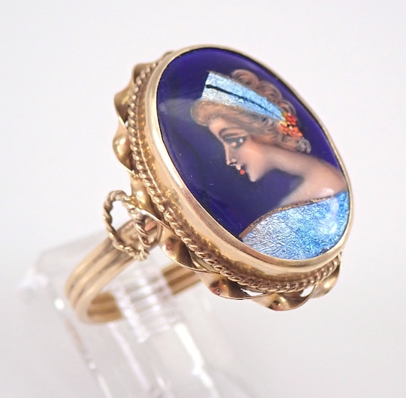Victorian 14K Yellow Gold Portrait Ring - Hand Painted Cameo Style Antique - Collectible Fine Jewelry Gift