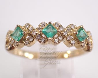 Yellow Gold Emerald and Diamond Wedding Ring, Square Princess Cut Anniversary Band, May Gemstone Fine Jewelry Gift