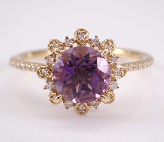 Yellow Gold Amethyst Engagement Ring, Starburst Diamond Halo Setting, Unique Gemstone Promise Band