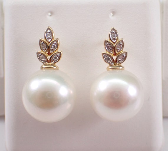 14K Yellow Gold Pearl and Diamond Earrings - June Birthstone Fine Jewelry Gift - Unique Nature Inspired Leaf Motif