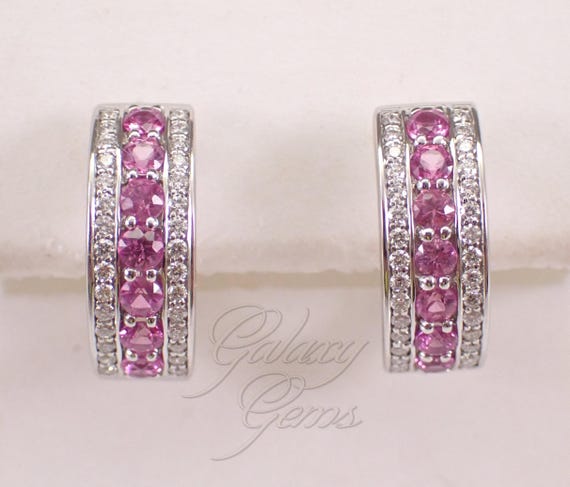 14K White Gold Pink Sapphire and Diamond Earrings: Small Gemstone Huggies Hoops