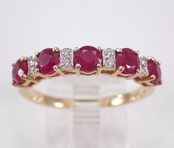 Yellow Gold Ruby Wedding Ring - Stackable Diamond Anniversary Band - Gemstone Bridal Fine Jewelry Gift