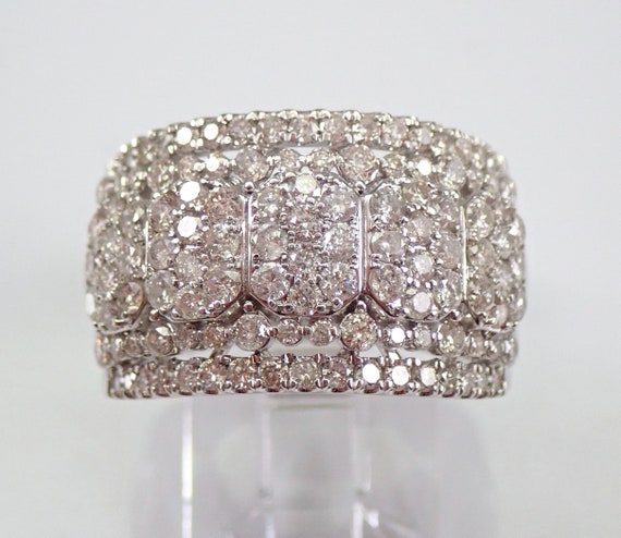 Platinum Diamond Anniversary Ring, Wide Cluster Wedding Band, Chunky Bridal Fine Jewelry Gift