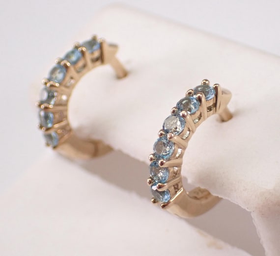 Yellow Gold Blue Topaz Hoop Earrings: Dainty Little Mini Gemstone Huggies